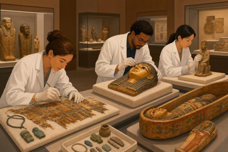 Conservators examine Egyptian artifacts returned from Lebanon to Egypt.