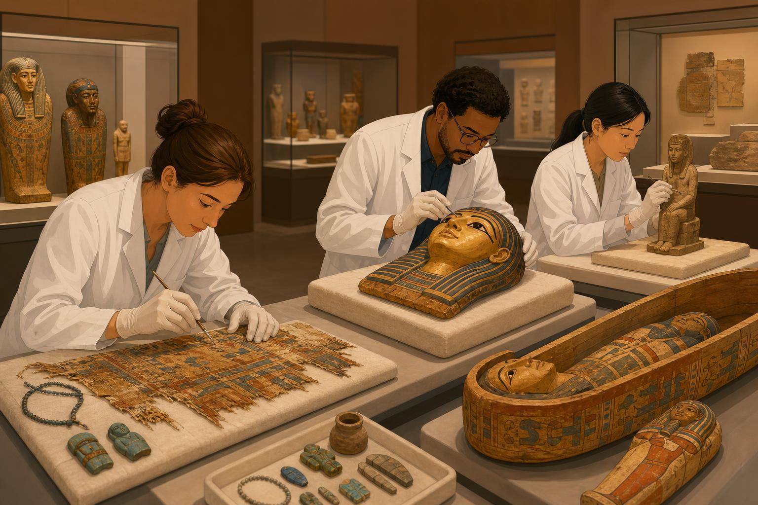 Conservators examine Egyptian artifacts returned from Lebanon to Egypt.