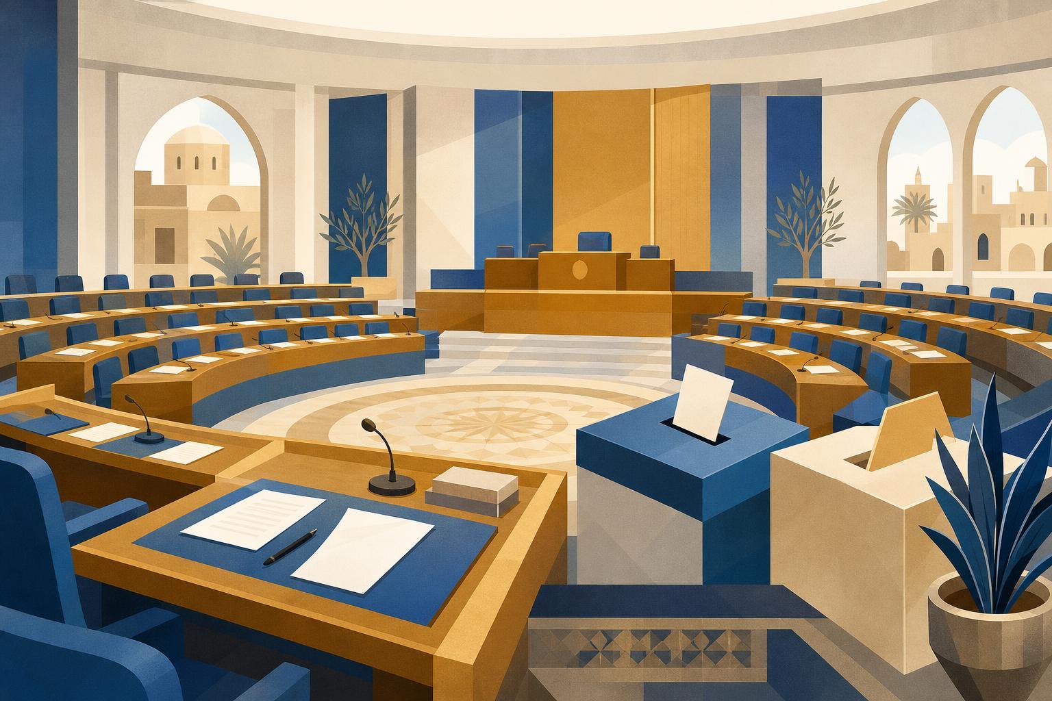 Editorial illustration of a parliamentary hall with election papers and a ballot box