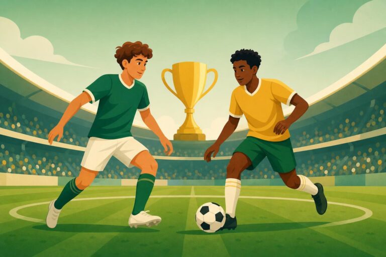 An editorial illustration of two young football midfielders with a gold trophy shape behind them.