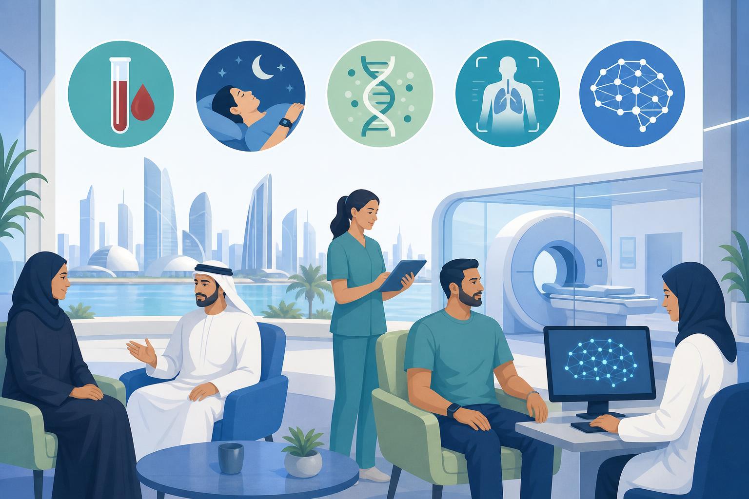 Editorial illustration of people participating in an artificial-intelligence-supported health study in Abu Dhabi