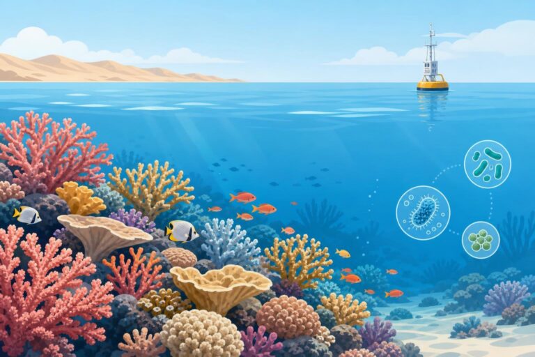 Flat-vector illustration of Red Sea coral with abstract beneficial microbe symbols