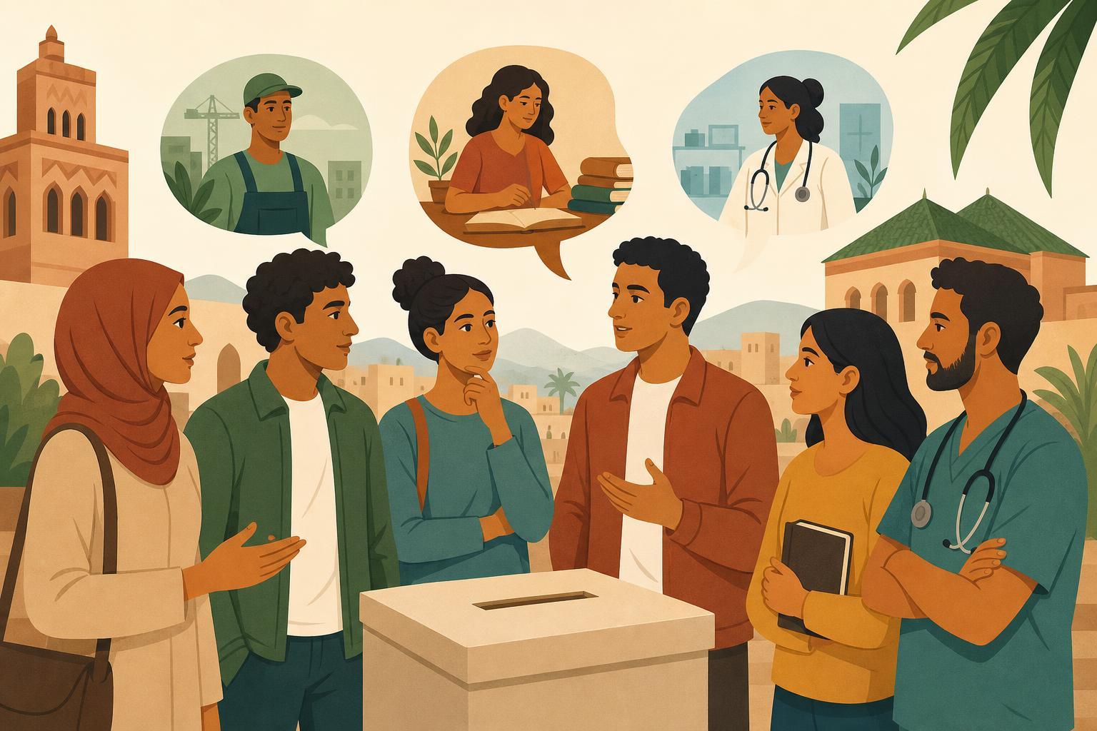 Editorial illustration of young Moroccan citizens discussing public issues near a ballot box before an election.