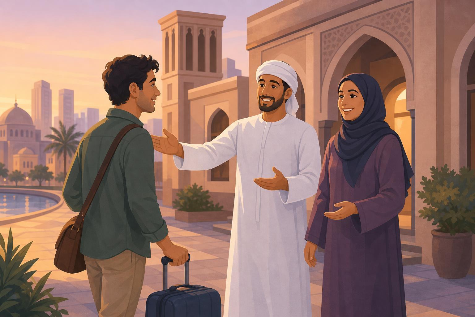 An illustrated worker with a travel bag receives help from community members outside a building in Sharjah.