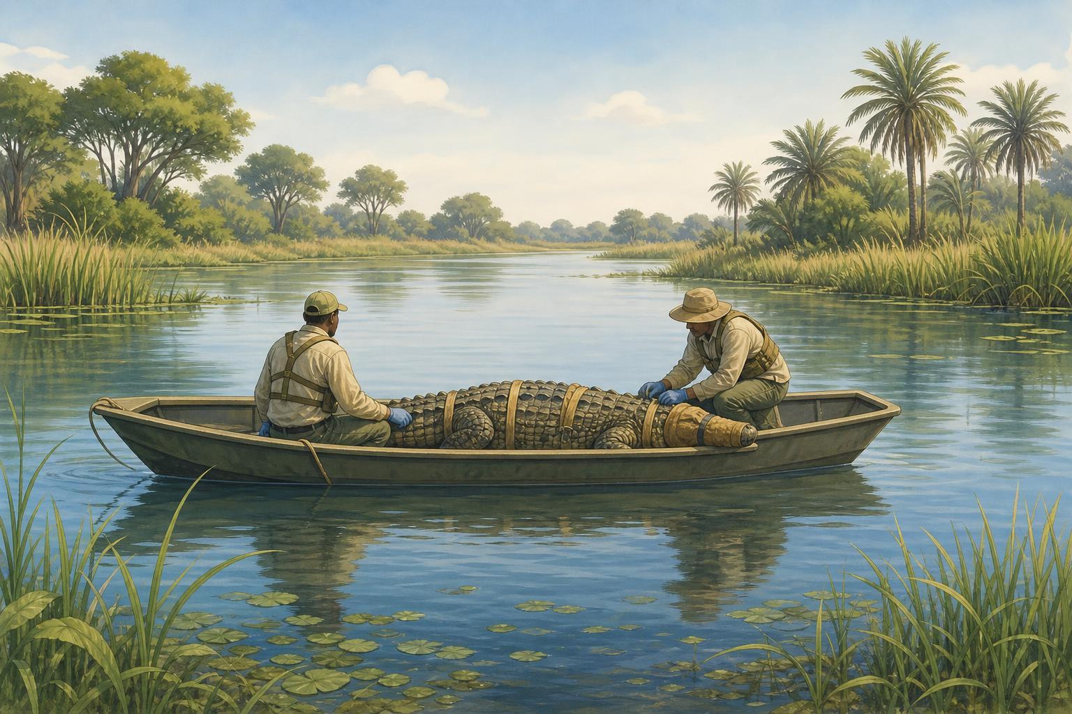 Editorial illustration of a Nile crocodile being transported by small boat into a wetland reserve