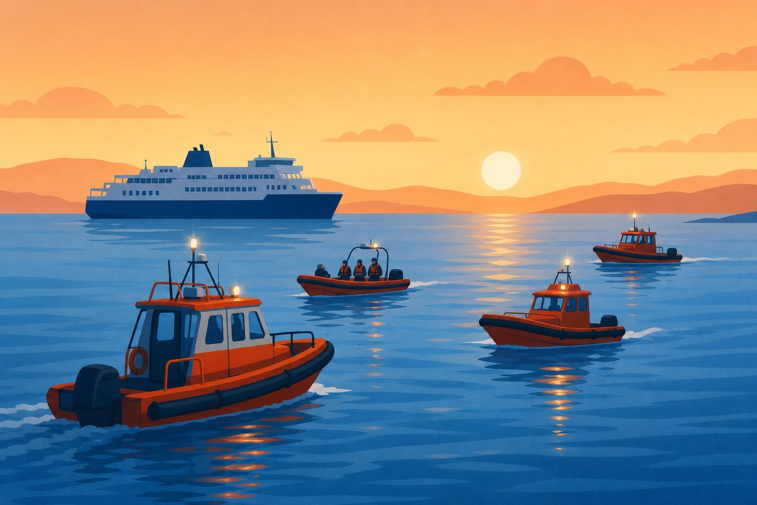 Illustration of rescue boats searching near a ferry off Palawan.