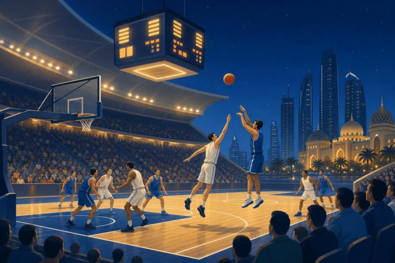 Editorial illustration of a basketball game in Abu Dhabi during overtime