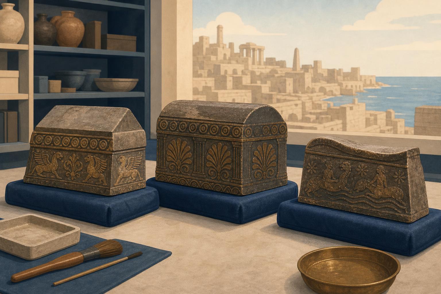 Illustration of ancient decorated sarcophagus fragments in a museum conservation room