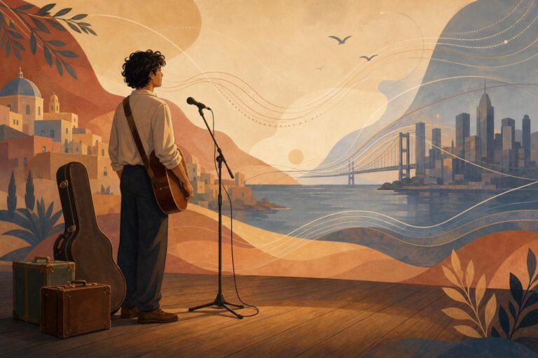 Editorial illustration of a musician on a quiet stage with travel cases