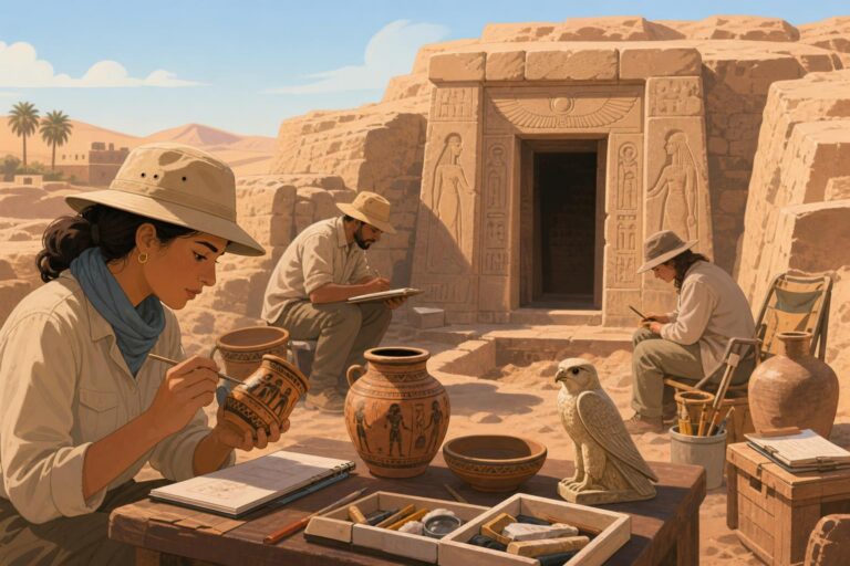 Editorial illustration of archaeologists documenting an ancient tomb at Saqqara