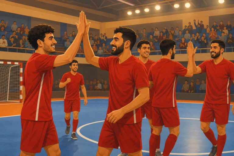 Illustration of mini-football players in red uniforms celebrating on an indoor court