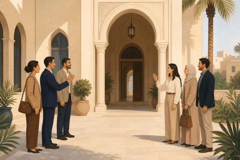 Editorial illustration of a diplomatic building in Tripoli representing renewed Syrian-Libyan relations