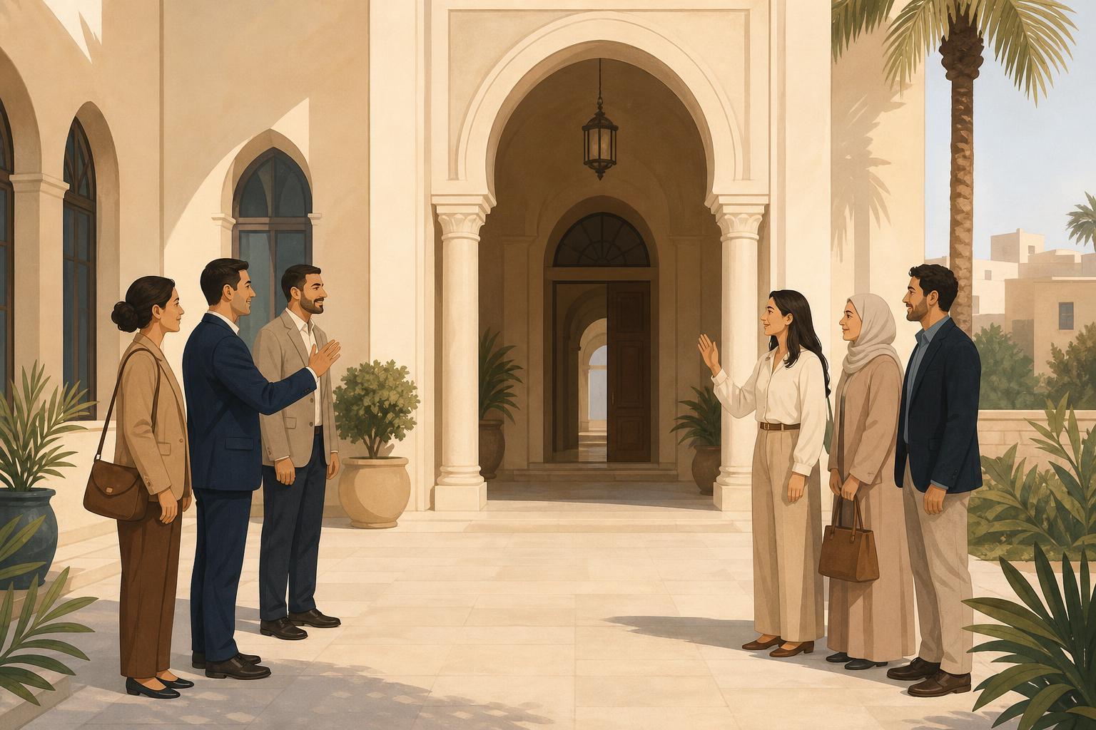 Editorial illustration of a diplomatic building in Tripoli representing renewed Syrian-Libyan relations