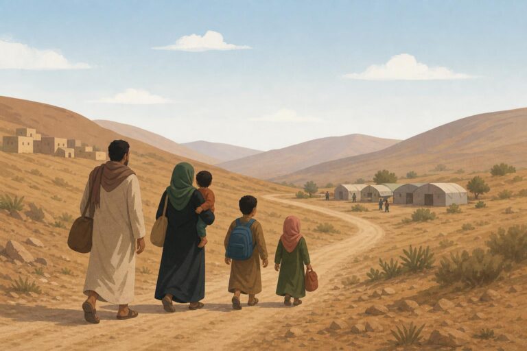 A symbolic illustration of families travelling along a road near hills after leaving their homes.