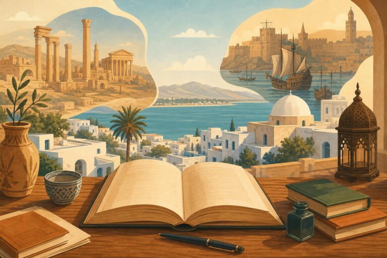 Editorial illustration of an open manuscript with stylized views of Nabeul and two historical time periods