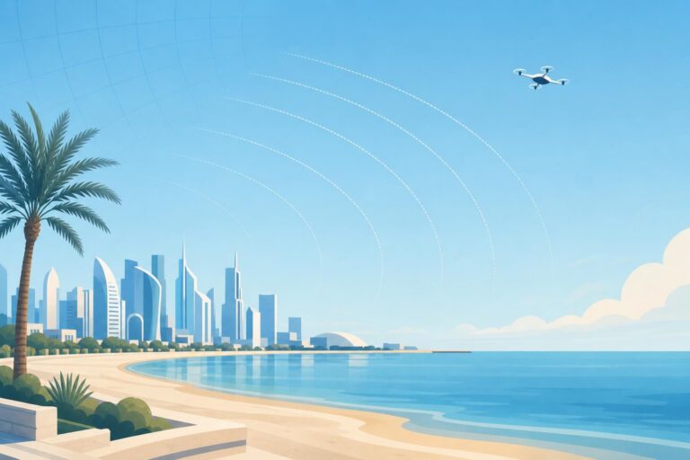Calm editorial illustration of airspace monitoring above a Gulf coastline