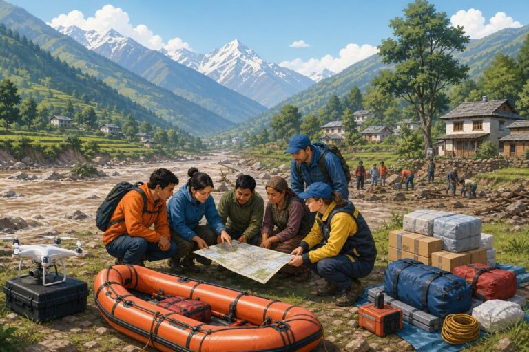 Editorial illustration of rescue workers and local helpers using a map and drone beside aid supplies in a Himalayan valley.