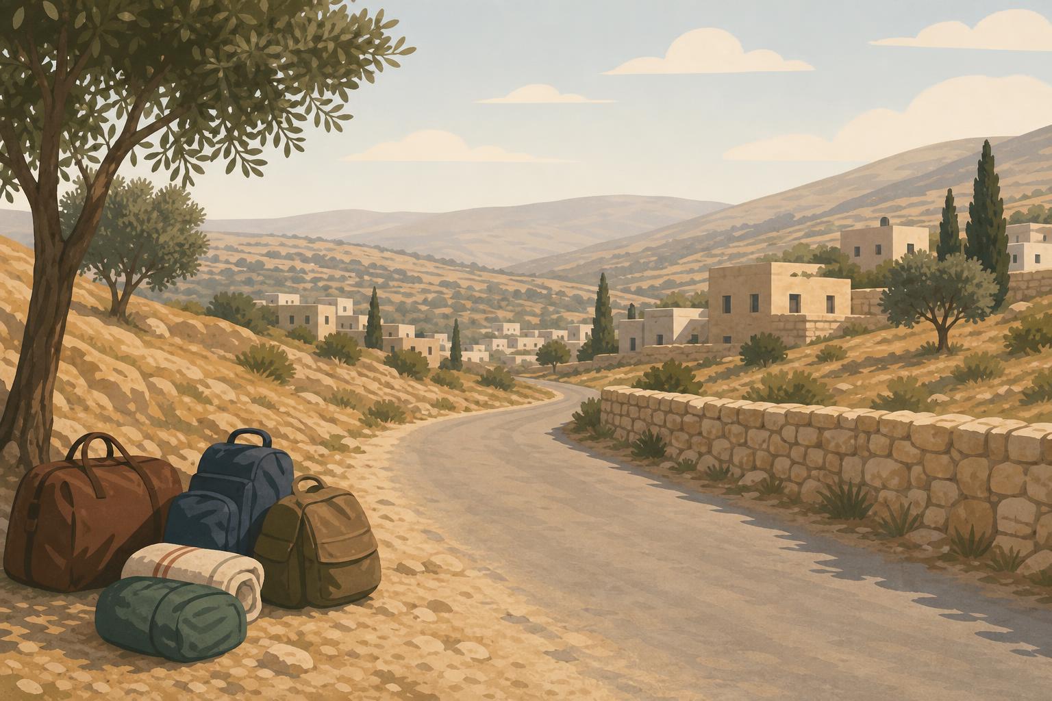 Editorial illustration of a quiet road and homes in the West Bank, with travel bags suggesting displacement.