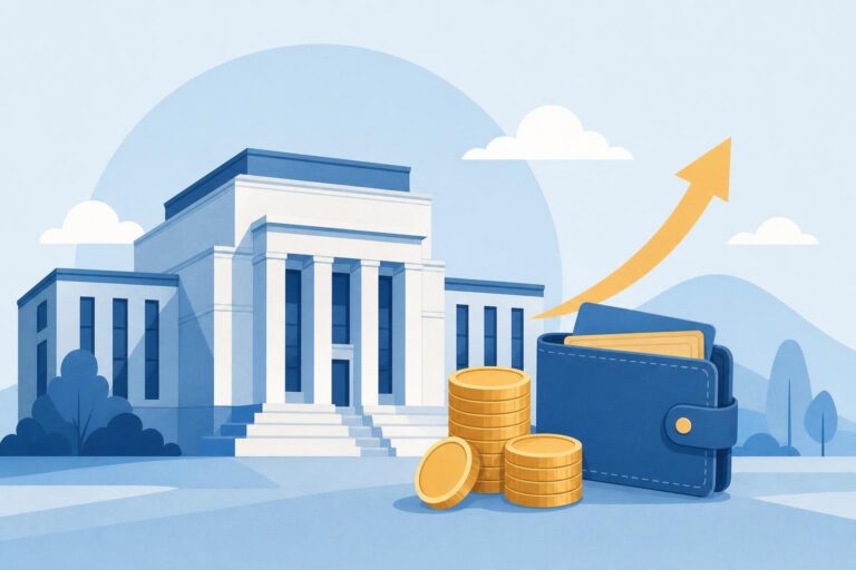 Editorial illustration of a central bank, coins, an upward arrow, and a household wallet