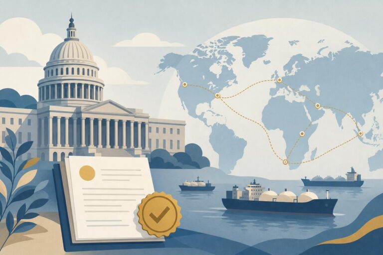 Editorial illustration of legislation, sanctions, oil tankers, and international trade routes