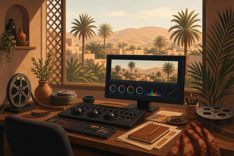 Editorial illustration of a film-editing studio with a palm grove and desert horizon.