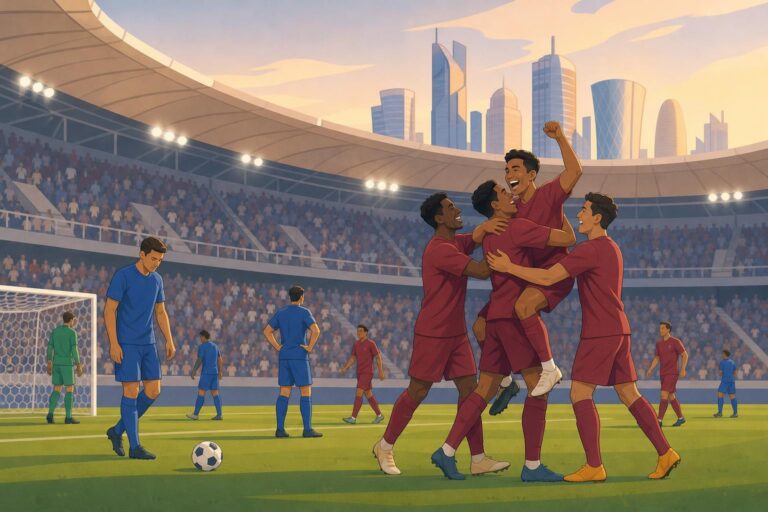 An editorial illustration of football players celebrating a goal in a stadium.
