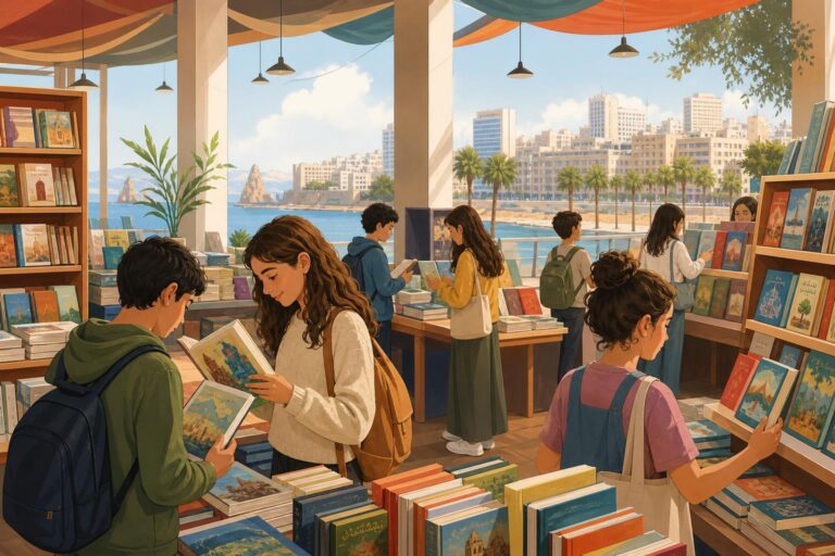 Students browse books at an illustrated Beirut book fair.