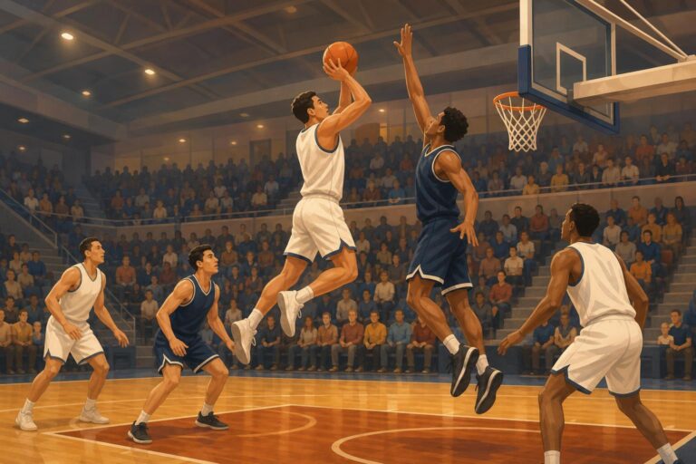 Generic basketball players compete near the basket in an indoor arena.