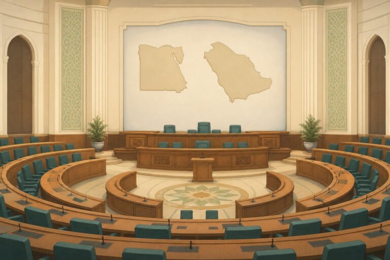 A simple illustration of a parliamentary chamber and neutral map shapes representing Egypt and Saudi Arabia.