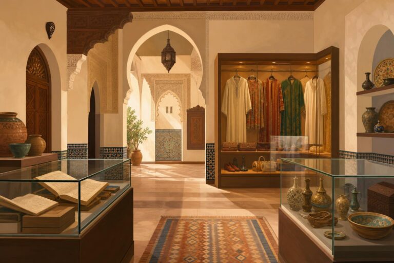 Illustration of books, clothing, and historic objects in a museum gallery with Moroccan architectural details.