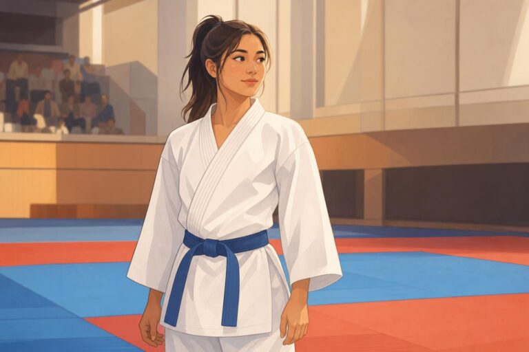 Illustration of a karate athlete standing on an indoor competition mat.