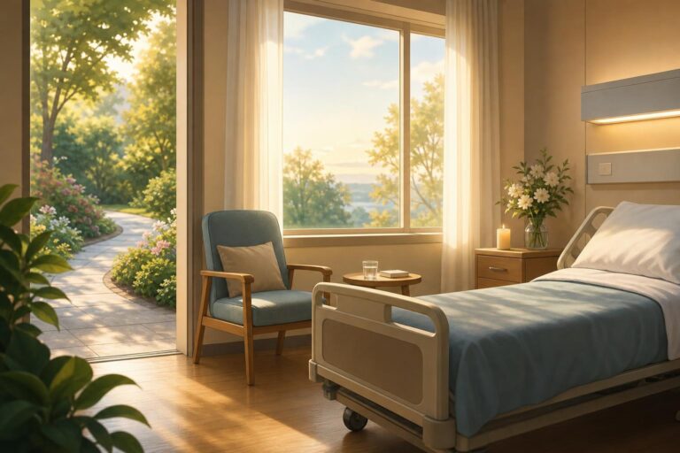 A quiet, sunlit hospital room with a chair, suggesting recovery after surgery.
