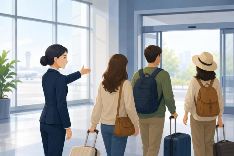 An airport employee guides travelers toward a terminal exit.