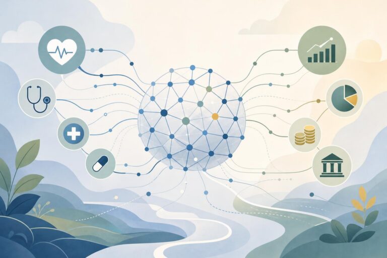 An abstract information network adapting to different tasks, with simple healthcare and finance symbols.