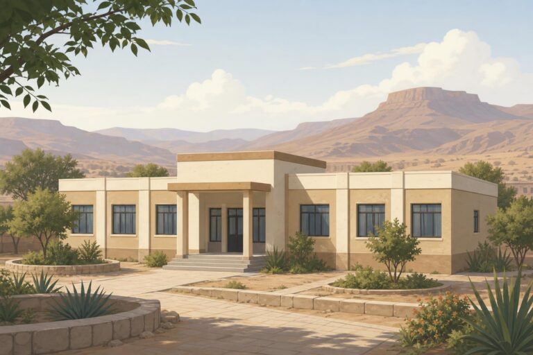 A quiet editorial illustration of a training-center building among the hills of Shabwa, Yemen.