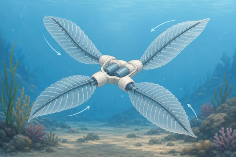 Illustration of a small flexible underwater robot with four wing-like arms.
