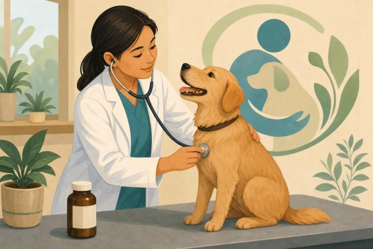 A veterinarian examines a healthy animal beside a medicine bottle, illustrating a UAE rule on veterinary antibiotics.