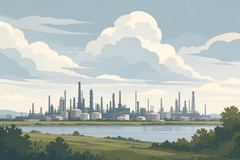 A distant refinery silhouetted beneath a cloudy sky.