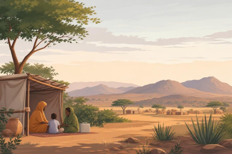 A simple shelter beneath a subdued sky, suggesting civilian safety in Sudan.